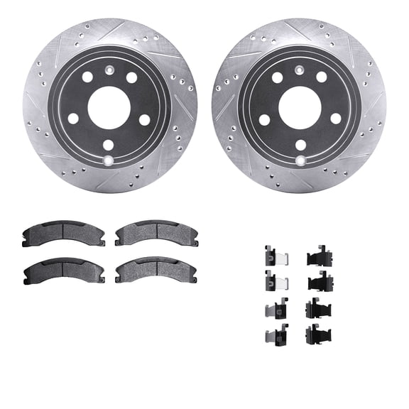 Dynamic Friction Company Rear Brake Rotors-Drilled and Slotted-Silver with Heavy Duty Brake Pads includes Hardware 7212-48028