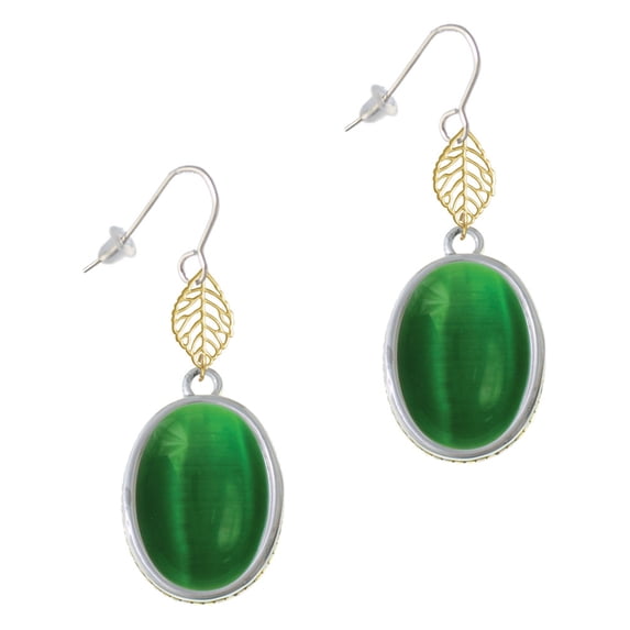 Delight Jewelry Silvertone Oval - Imitation Cat's Eye - Green - Goldtone Leaf French Earrings