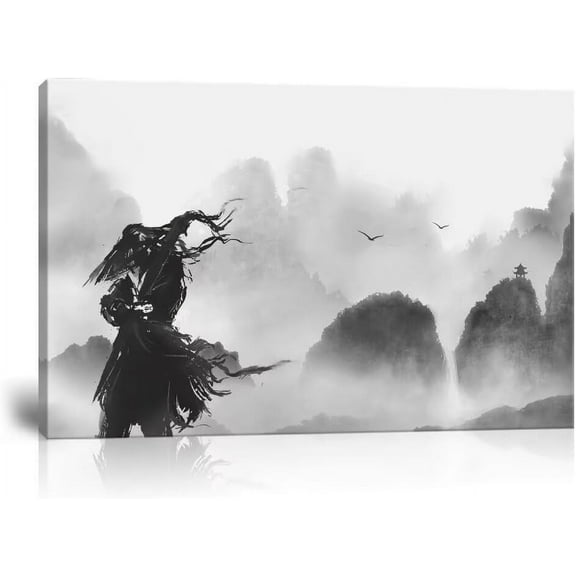 Japanese Samurai Wall Art Prints Ink Painting Style Samurai Pictures Wall Decor Canvas Vintage Black White Warrior Wall Art Painting Unframed for Living Room Bedroom Office Home