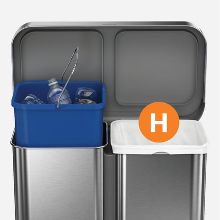 simplehuman - 58 L Rectangular Hands-Free Dual Compartment Recycling Kitchen Step Trash Can with Soft-Close Lid - Brushed Stainless Steel