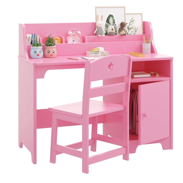 GloryStar Kids Desk and Chair Set with Hutch and Storage Cabinet in pink finish. This wooden study table features a spacious tabletop, a child-friendly design, a practical hutch for organizing books and supplies, and a storage cabinet for keeping essentials tidy. Durable construction makes it ideal for bedrooms and study rooms, serving as a functional writing table and computer workstation for homework, reading, and crafts.