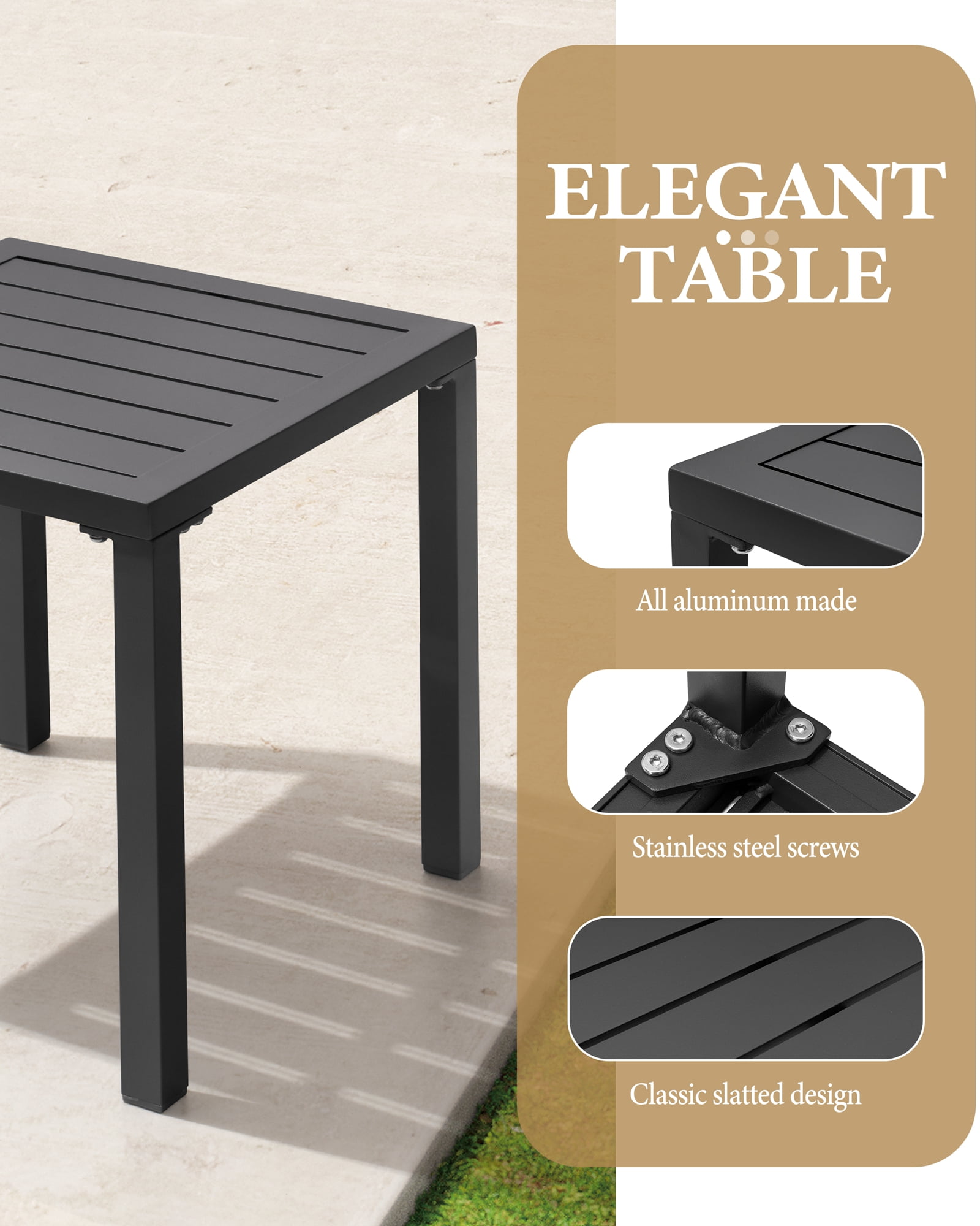 Crestlive Products 15.7" x 15.7" Outdoor Side Table, All-Weather Aluminum Square Patio End Table, Black