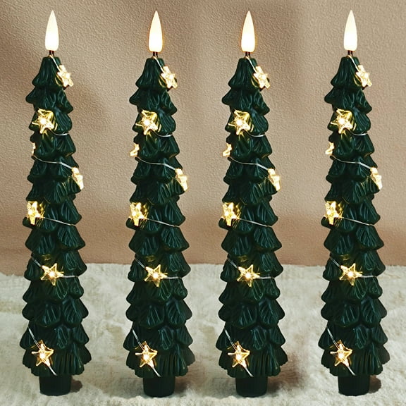 XINAOBAOLUO 4 PCS Christmas Tree Candles with Star Lights, Wax Flameless Taper Candles Flickering, Green LED Candle Holders Battery Operated for New Year Celebration Holiday Decorations 9.4 Inch