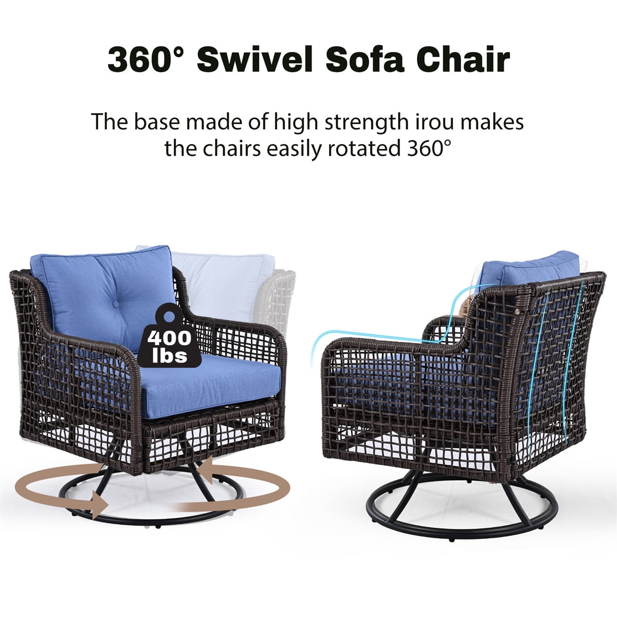 HighSound Patio Furniture Set, 5 Piece Outdoor Conversation Set with Rocking Swivel Chairs, Wicker Rattan Outdoor Sofa Set with Coffee Table for Backyard, Deck, Porch, Blue Cushions
