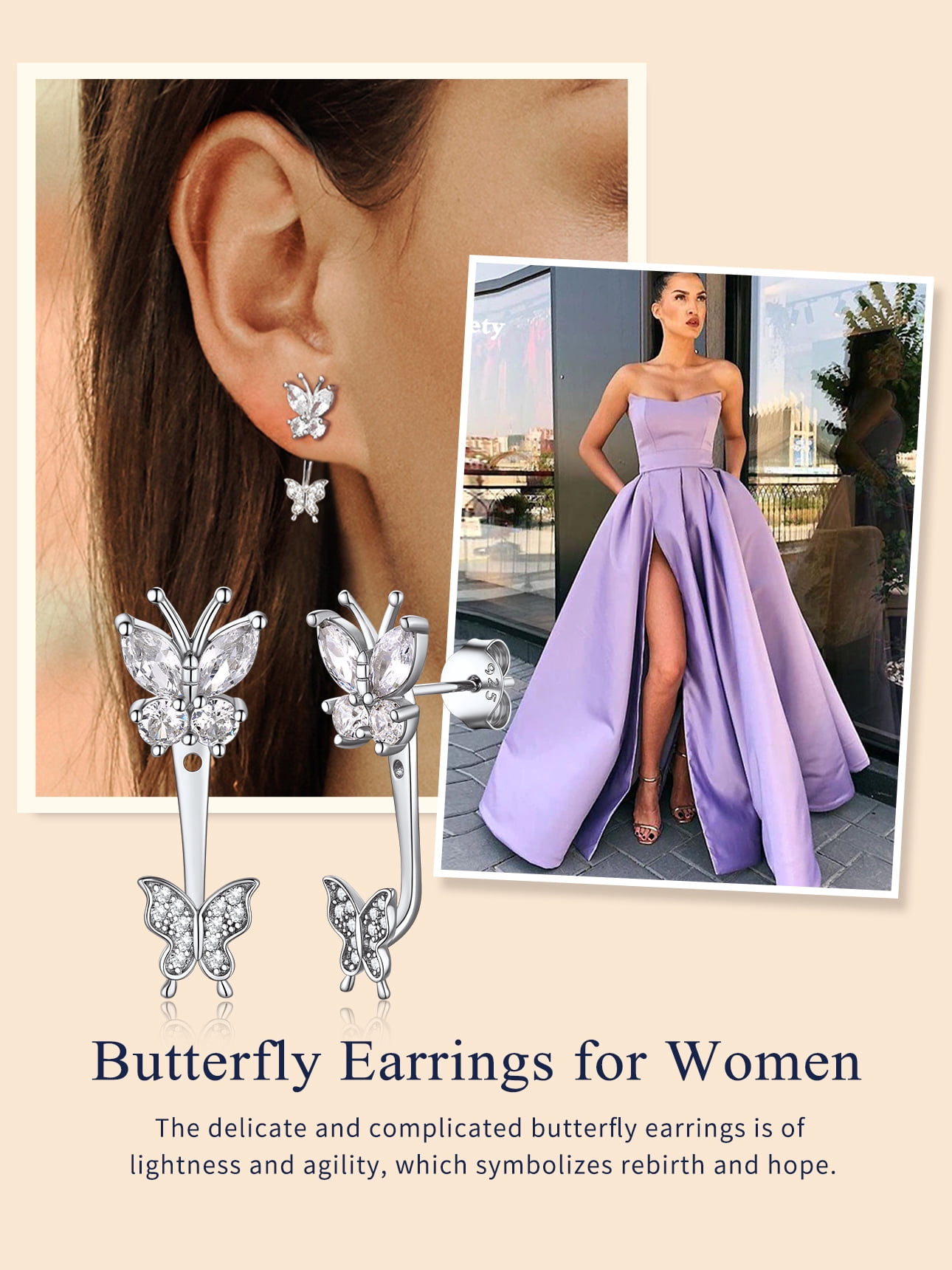 Suplight 925 Sterling Silver White Zirconia EarringsJacket Butterfly Stud Earrings for Women