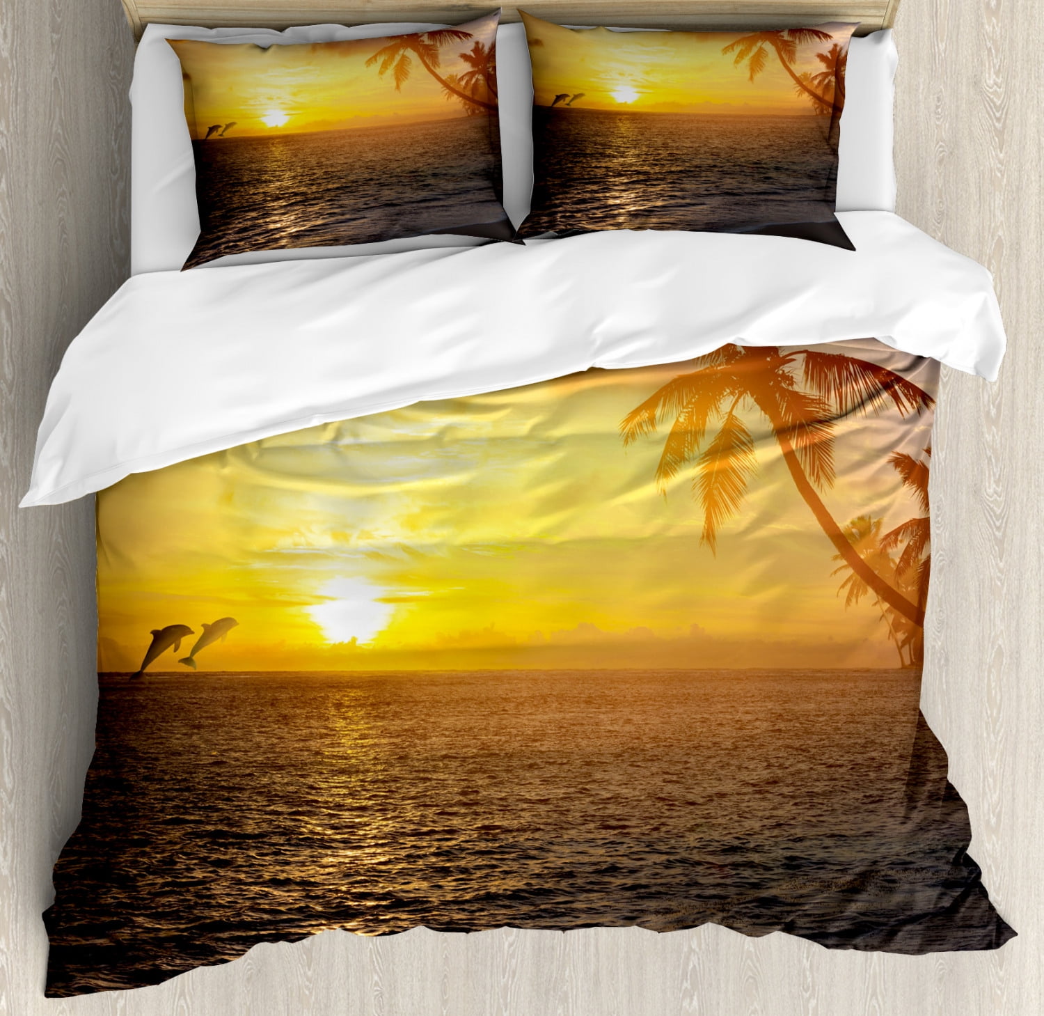Beach Duvet Cover Set, Palm Trees in Tropical Island Beach Jumping