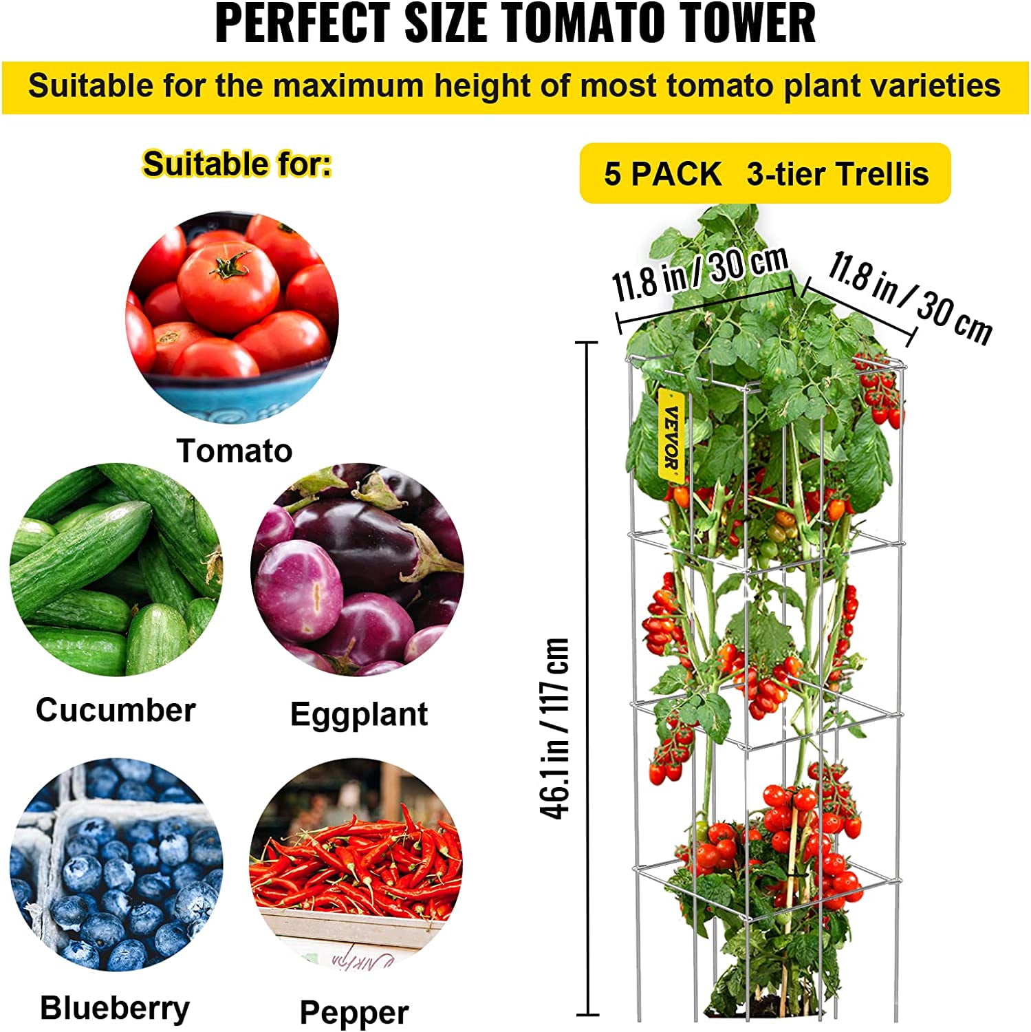 WLTER Tomato Cages, 11.8" x 11.8" x 46.1", 5 Packs Square Plant Support Cages, Silver PVC-Coated Steel Tomato Towers for Climbing Vegetables, Plants, Flowers, Fruits