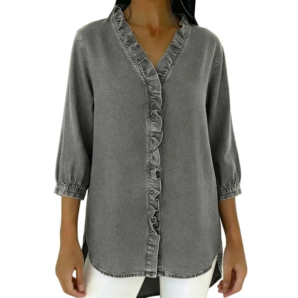 Tops de Verano de Mujer con Mangas Casual Faux Denim Cuello en V Ruffled Tres Cuartos de Manga Blusa, Ligero Y Cómodo para el Uso Diario