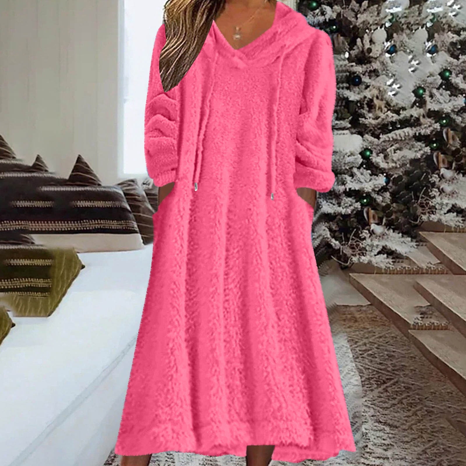 Yuaqua Women's Fluffy Nightgowns Long Sleeve Fuzzy Fleece Hooded Midi Dresses Fall Winter Loungewear Dress with Pockets(Hot Pink,Large)