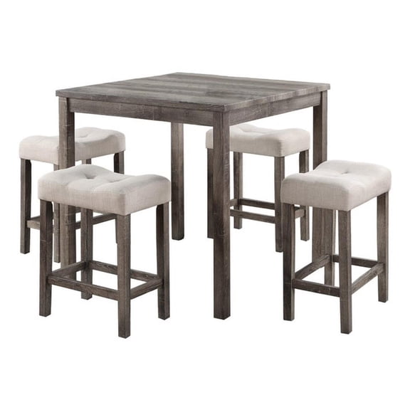 Lucian Brown 5 Piece Counter Height 36" Pub Table Set with Tufted Creamy White Linen Stools