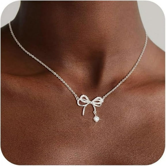 Silver Necklace For Women - Cute Bow Necklace Dainty Silver Necklace Cubic Zirconia Bow Pendant Necklace Chain Choker Necklaces For Women Trendy Jewelry[o1260]