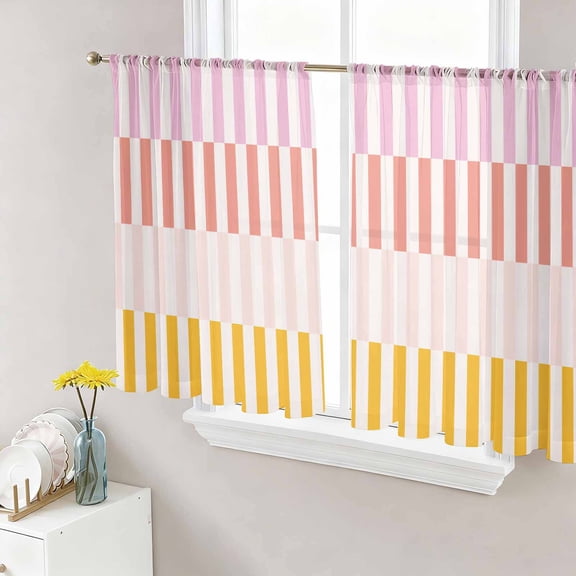 Sheer Curtains 45 Inches Long, Colorful Stripe Light Filtering Window Curtains for Living Room, Modern Pink Red Yellow Vertical Striped Rod Pocket Voile Sheer Curtain Drapes, 52"W x 45"L, 2 Panels