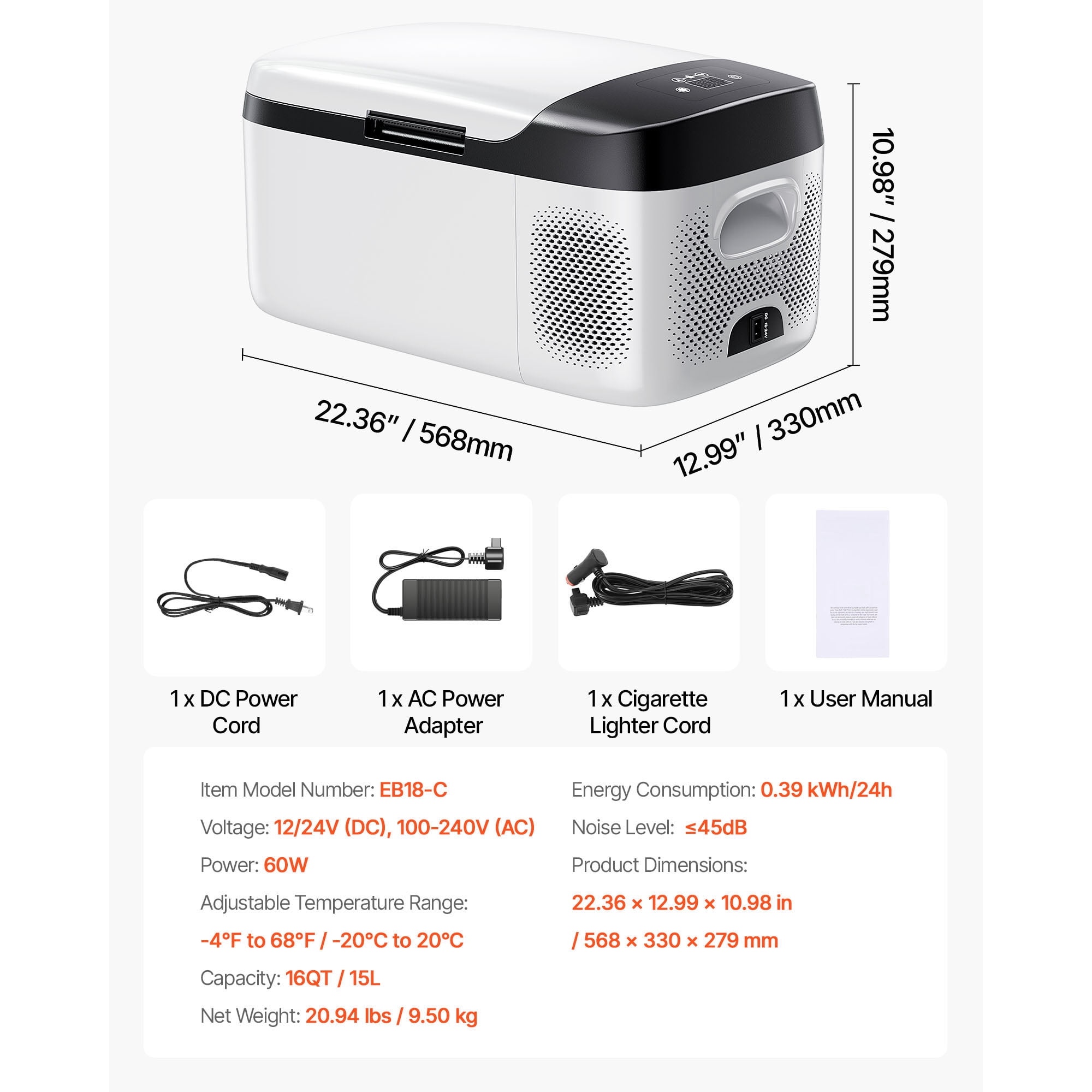 KFFKFF Portable Car Refrigerator, DC 12/24V AC100-240V Compressor Cooler, -4°F to 68°F Fridge with APP Control, 16 QT Freezer for RVs, Campsites, Boats, Camping, Fishing, 60W Electric Cooler