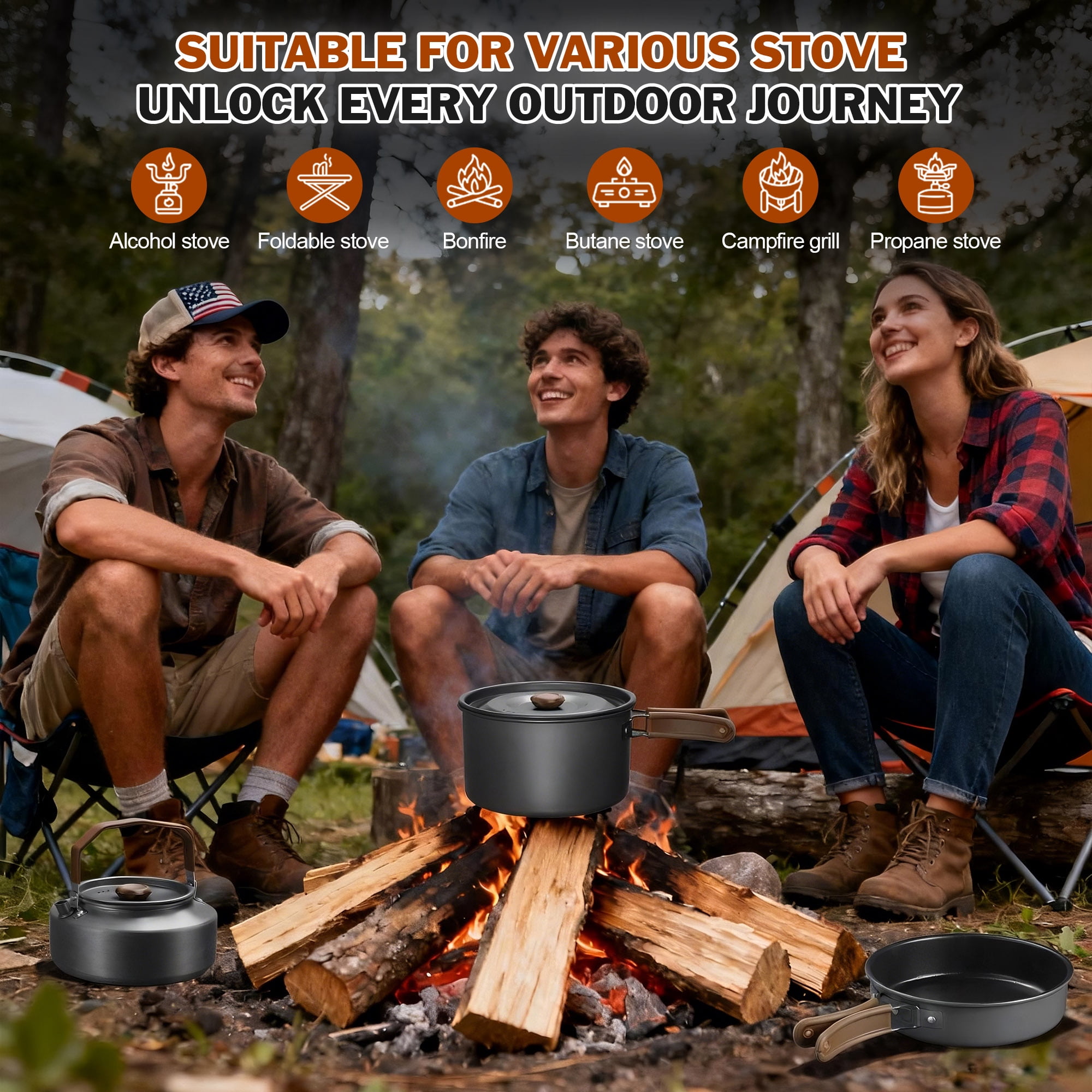 Coliware 25Pcs Portable Camping Cookware Set, Non-Stick Lightweight Pot Pan Kettle Set with Stainless Steel Plates Cups Utensils Carry Bag, Cookware Mess Kit for Backpacking, Hiking, Picnic & Outdoor