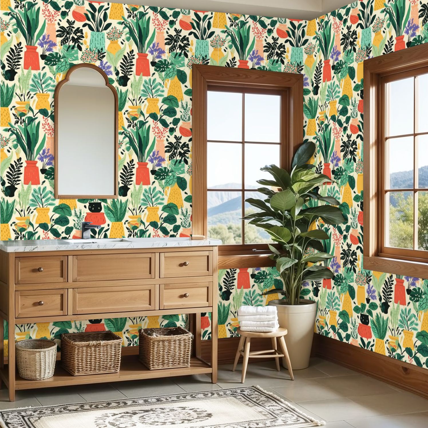 Peel and Stick Wallpaper 23.6in x 9.8ft Colorful Potted House Plants Tropical Leaves Contact Paper Vinyl Self-Adhesive Removable Wall Paper for Bedroom DIY Home Decor Renter Friendly