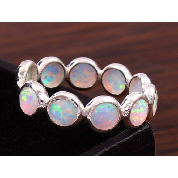 Unique Opal Engagement Full Band For Women Full Eternity Band 925 Sterling Silver Unique Wedding Band Round Cut Opal Band Anniversary Gift.