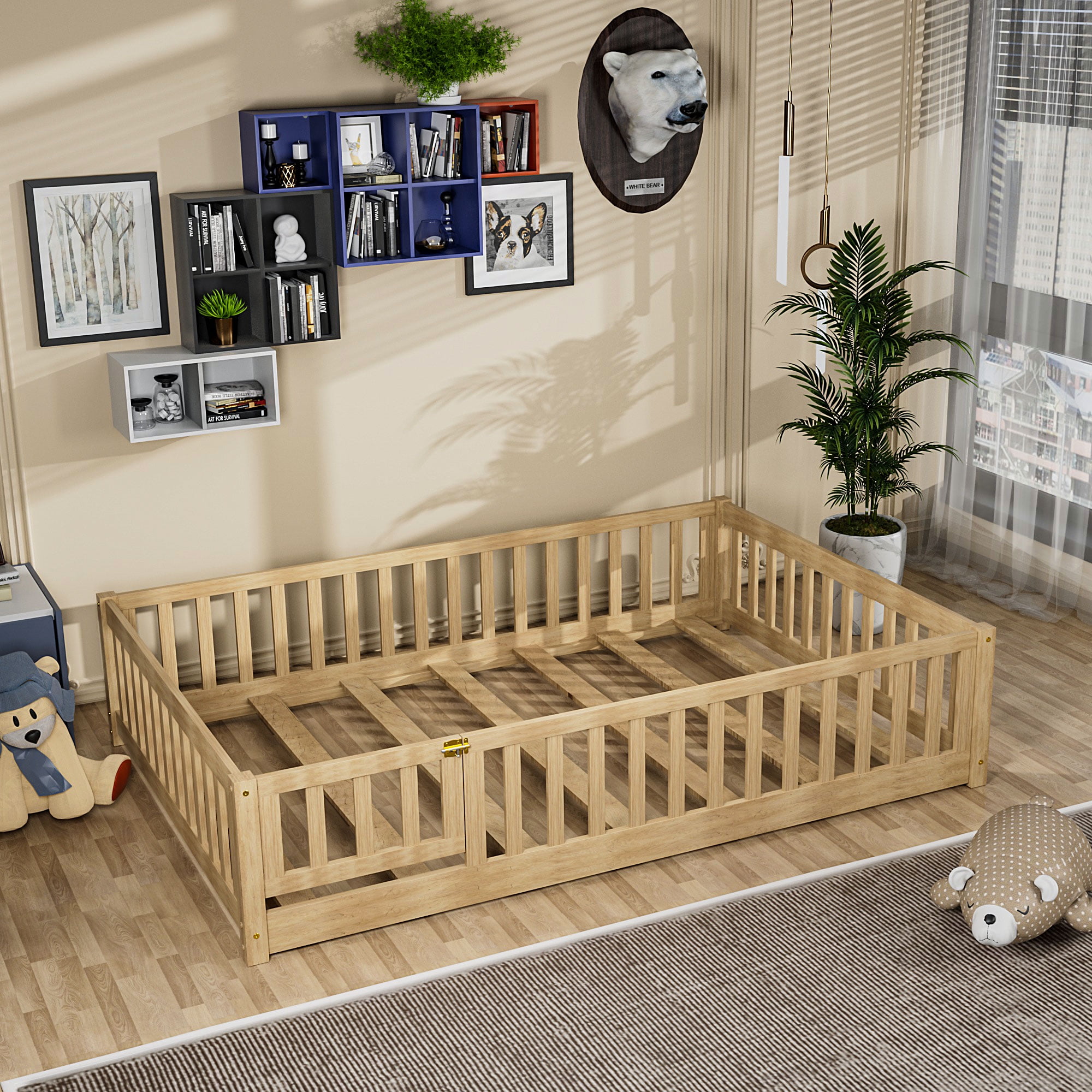 Miniyam Full Size Toddler Floor Bed with Fence, Natural