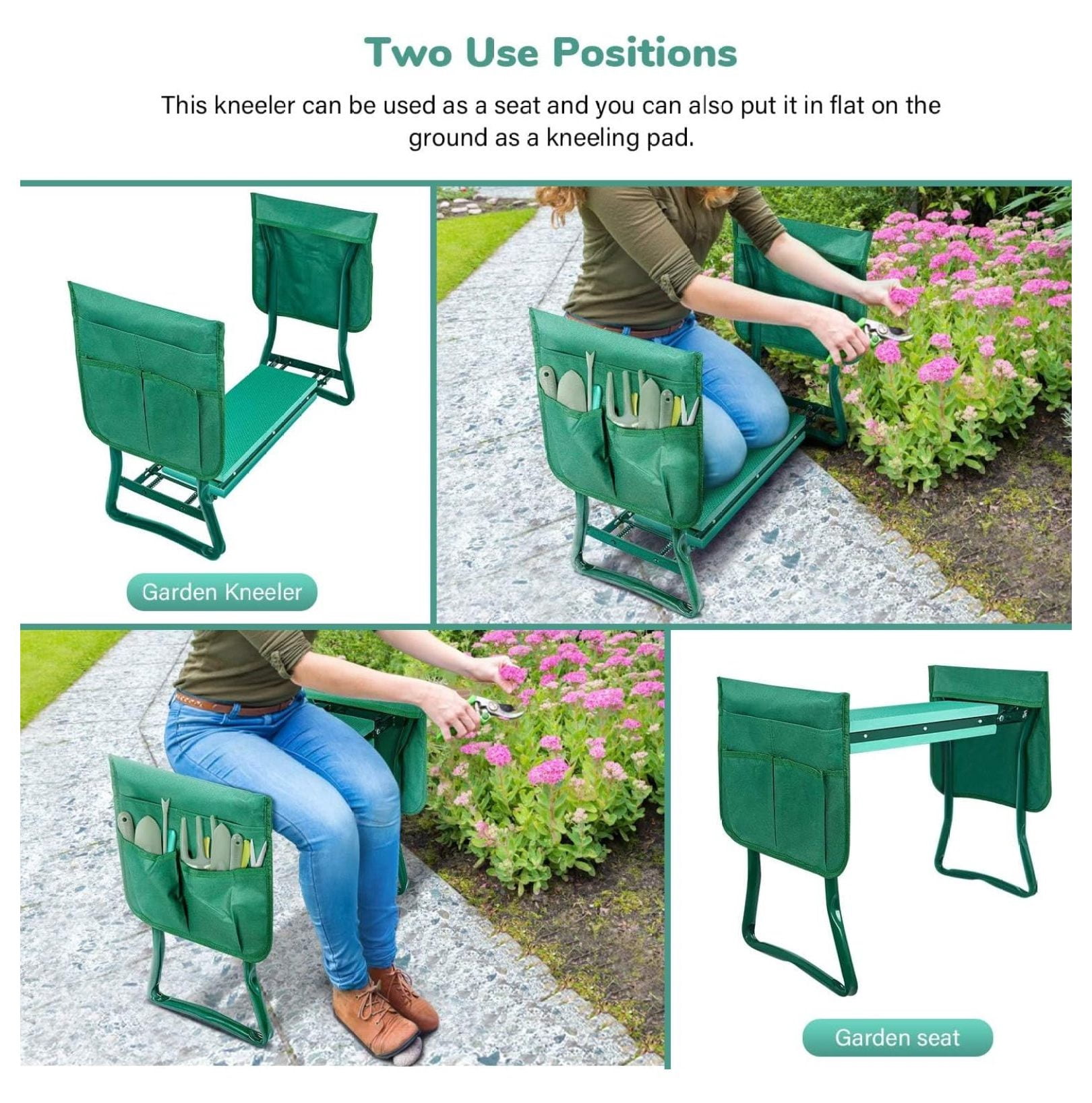 Garden Kneeler and Seat with Sturdy Soft Foam Pad, Foldable Kneeling , 2 Tool Pouches Included, for Camping, Gardening, Fishing, Green