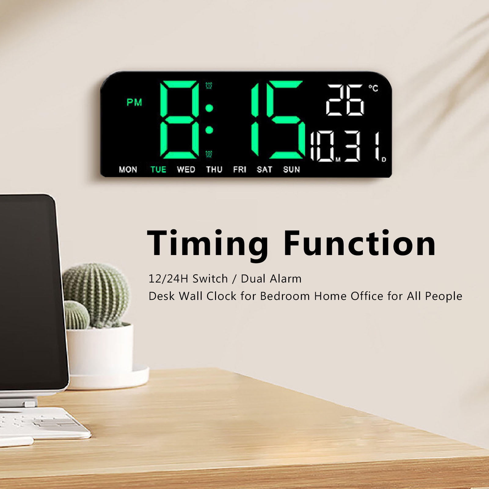 BIMZUC Large LED Digital Alarm Clock – 12/24H, °C/°F, Dual Alarms, Adjustable Brightness, Temperature, Date & Week Display, USB/Battery Powered, Wall/Desk Mount