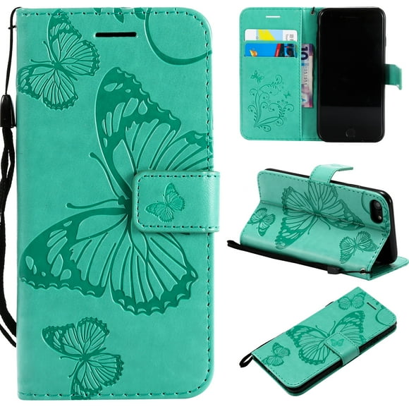 iPhone SE 2020 Case, iPhone 8 Wallet Case, iPhone 7 Case, Dteck Embossed Big Butterfly Magnetic Flip PU Leather Folio Stand Case Cover Built-in Card Slots & Money Pocket, with wrist Strap, Green