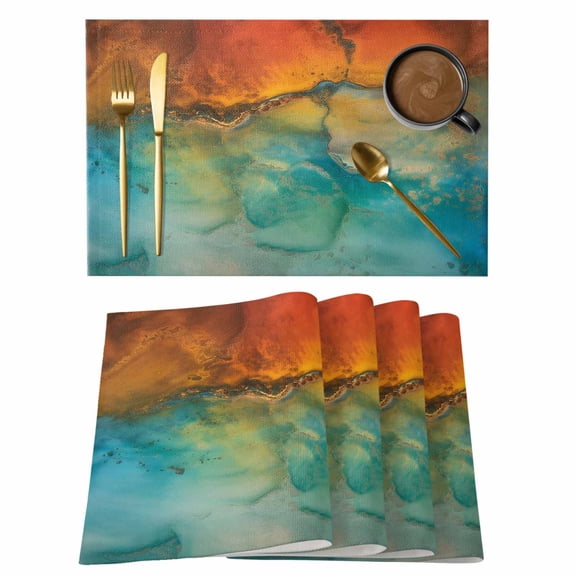 Abstract Placemats Set of 4 Orange Teal Green Gradient Fluid Modern Oil Painting Place Mats Indoor Wipeable Table Mats Washable Dining Table Placemats for Kitchen Holiday Party Home Decor 13x19 Inch