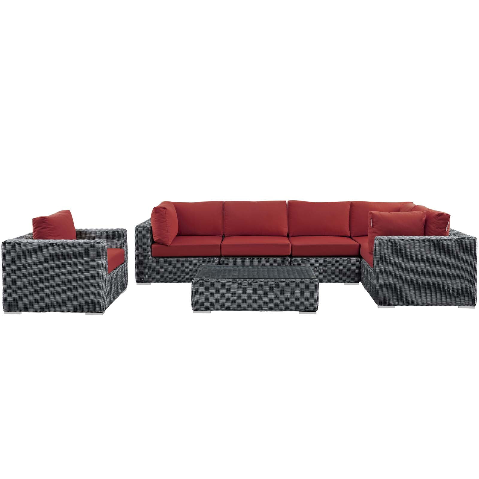 Modway Summon 7-Piece Aluminum Rattan Patio Sectional Set in Canvas/Red