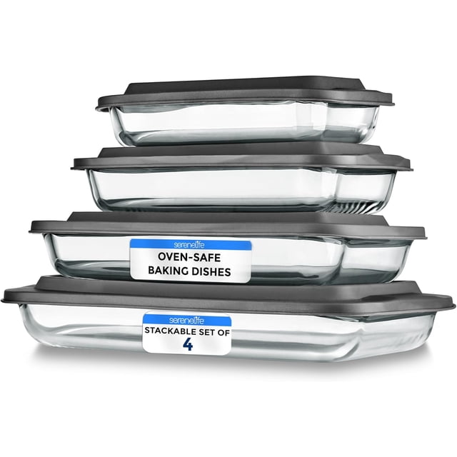 Rectangular Glass Bakeware Set - 4 Sets of High Borosilicate with PE Lid, Heat-Resistant, Non-Slip Design, Convenient to Use & Easy to Clean, Elegant Design, Color Gray - SL4PBK55