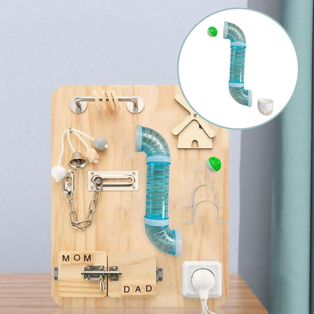 Tablero sensorial para actividades de desarrollo temprano con accesorios de bricolaje y tubos Azul