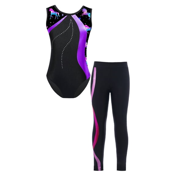 YiZYiF Girls Ballet Set Sleeveless Gymnastics Leotard Cartoon Bodysuit with Long Pants Gym Suit Dance Wear Purple 10