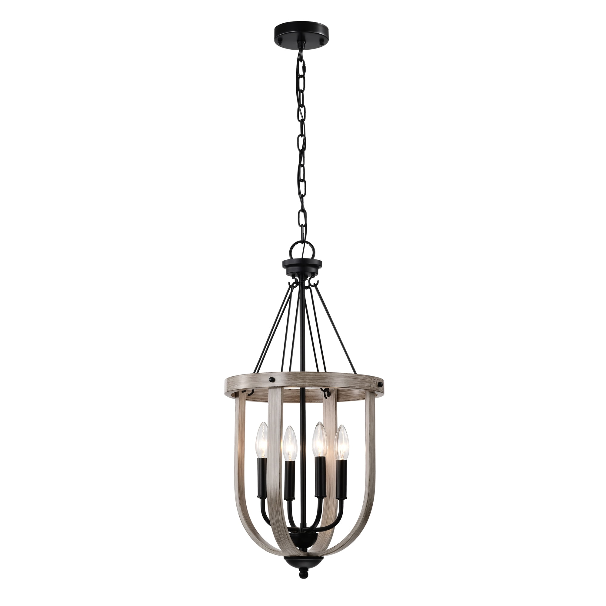 Giano 14 in. 4-Light Indoor Matte Black and Faux Wood Grain Finish Chandelier with Light Kit