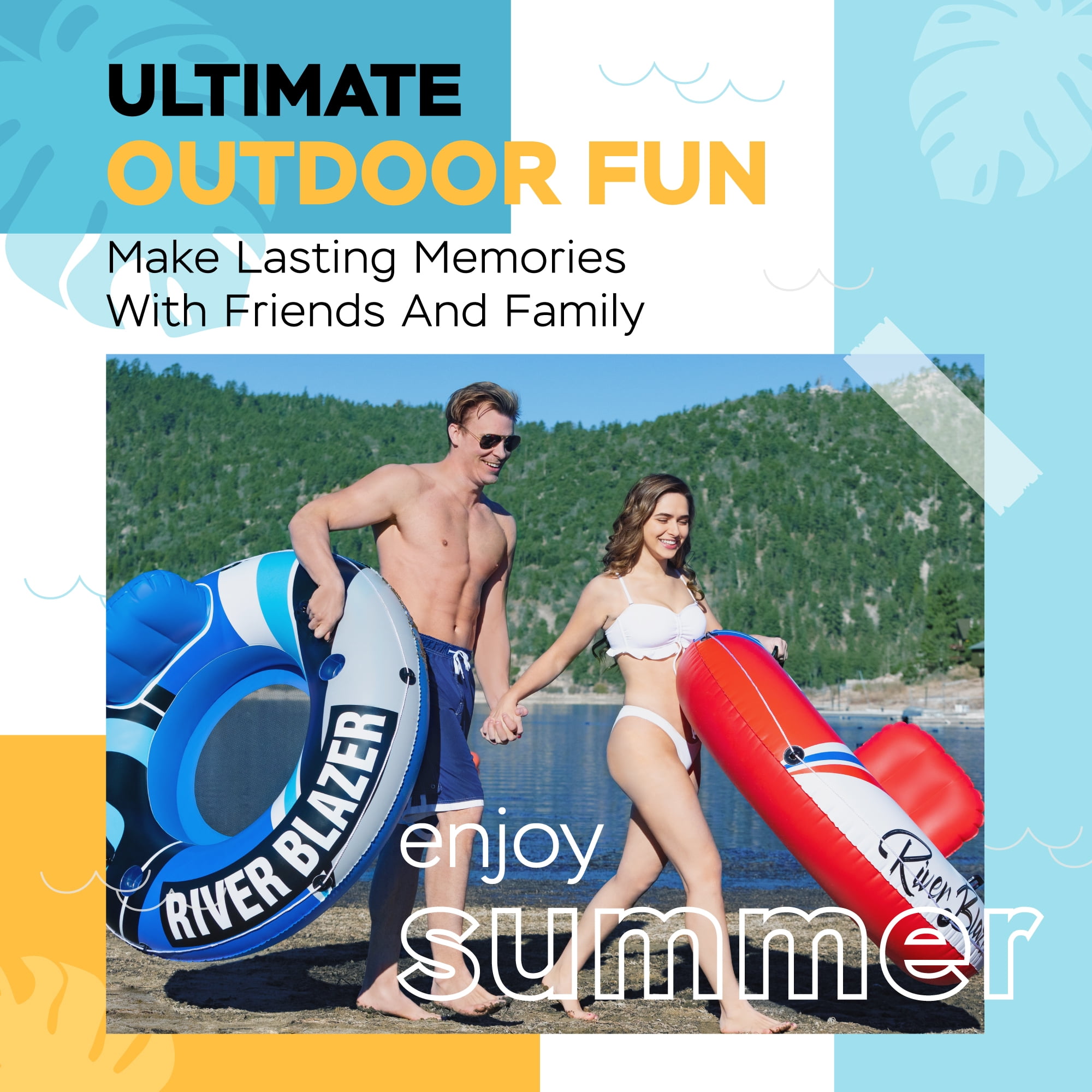 Sunlite Sports Inflatable River Tube Float, 53-Inch Water Float with Cup Holder, Grab Rope and 2 Handles, Cool Blue