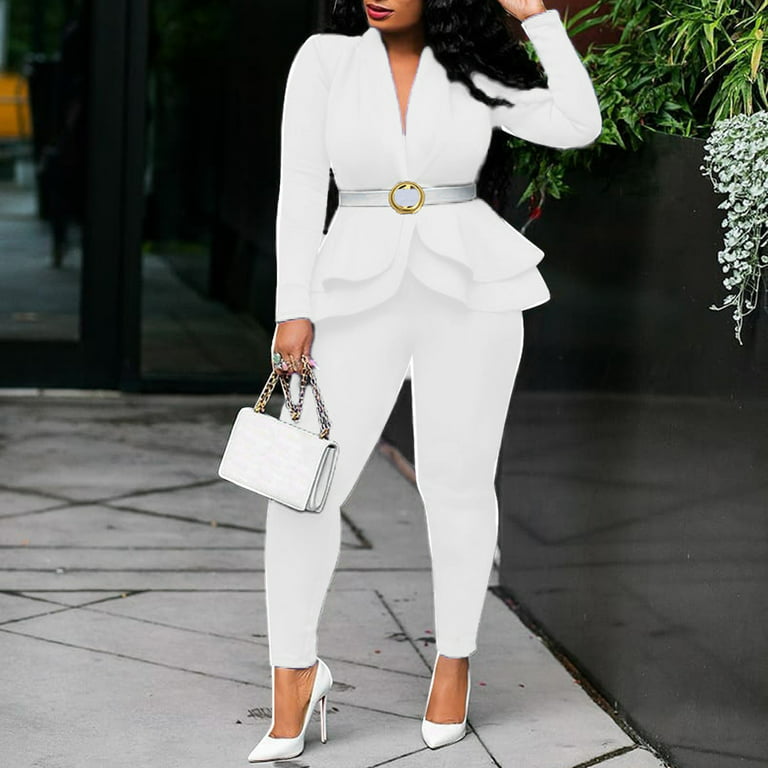 MRULIC pants for women Women Fashion Solid V-neck Ruffles Patchwork Long  Sleeve Coat Pants Suit Women's Trousers Suit White + S