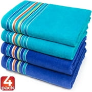 Large Beach Towel Extra Soft 40 x 70 inch Hotel Pool, Resort and SPA style 100% Cotton Solid colors with Striped border (Cobalt-Turquoise, 4 Pack)