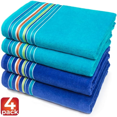 Large Beach Towel Extra Soft 40 x 70 inch Hotel Pool, Resort and SPA style 100% Cotton Solid colors with Striped border (Cobalt-Turquoise, 4 Pack)