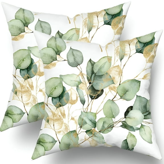 AUQ Eucalyptus Leaf Pillow Covers 16X16 Set of 2 Watercolor Pillow Sage Green Leaf Pillow Covers Gold Leaves Modern Throw Pillows Cover Decor Gifts for Bed Couch Sofa Living Room