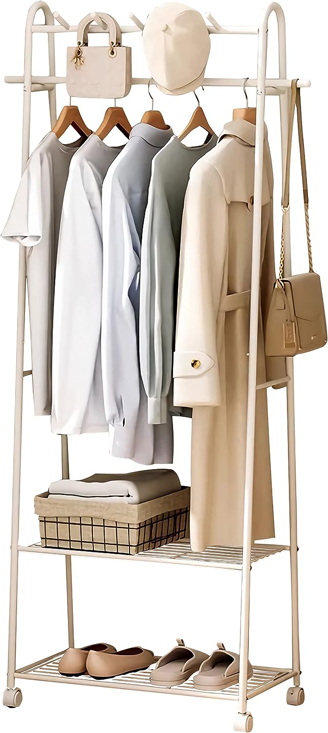 GUAIPOU White Clothes Rack with 6 Drawers and 8 Side Hooks, Rolling Clothing Racks for Hanging