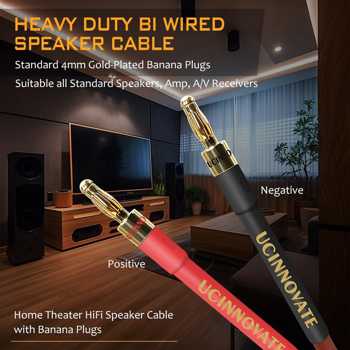 UCINNOVATE Speaker Cable with Banana Plugs, 2 Pack 9.8ft/3m 14 Gauge OFC Coaxial Speaker Wire with Gold-Plated Banana Plugs for Home Theater Amp Speakers