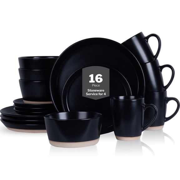 Stone Lain Jules Stoneware 16-piece Dinnerware Set Plates And Service For 4 Black Microwave & Dishwasher Safe