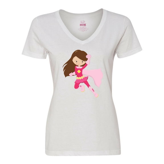 Inktastic Superhero Girl, Cute Girl, Brown Hair, Pink Cape Women's V-Neck T-Shirt