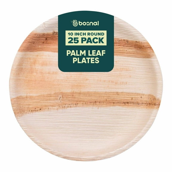Bosnal 10 inch Round Plates,  Leaf, Bamboo and Wood Style, Stackable,  25 Pcs