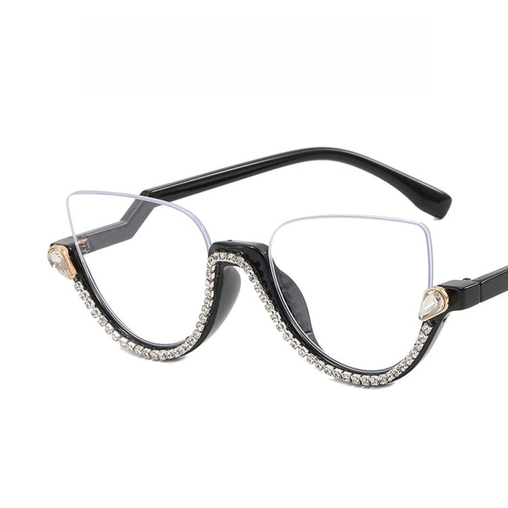 Women Half Moon Blue Light Blocking Reading Glasses 2.75 Ladies Semi-Rimless Black Diamond Readers +2.75 Strength