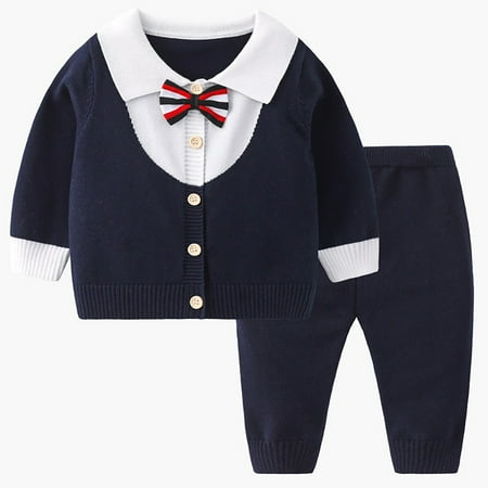 

HAOTAGS Baby Boys 2 Piece Outfits (5-12 month) Long Sleeve Sweater Cardigan with Pants Soft Warm Fall Outfit Set for Kids Navy Size 8 Months