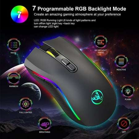 Professional 7200 DPI Ergonomic Optical Wired Gaming Mouse 7 Programmable Buttons RGB