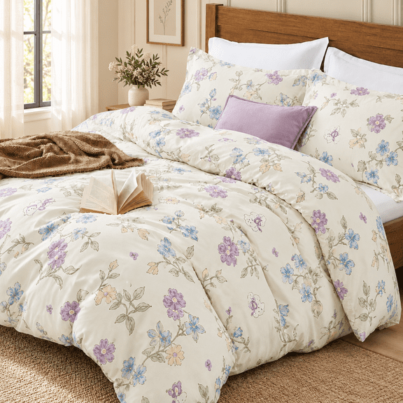 Echovivi Floral Duvet Cover Set 3 Pieces, Soft Brushed Microfiber Botanical Bedding Set with 1 Duvet Cover and 2 Pillowcases, Vintage Cottagecore Farmhouse Comforter Cover Set for All Seasons