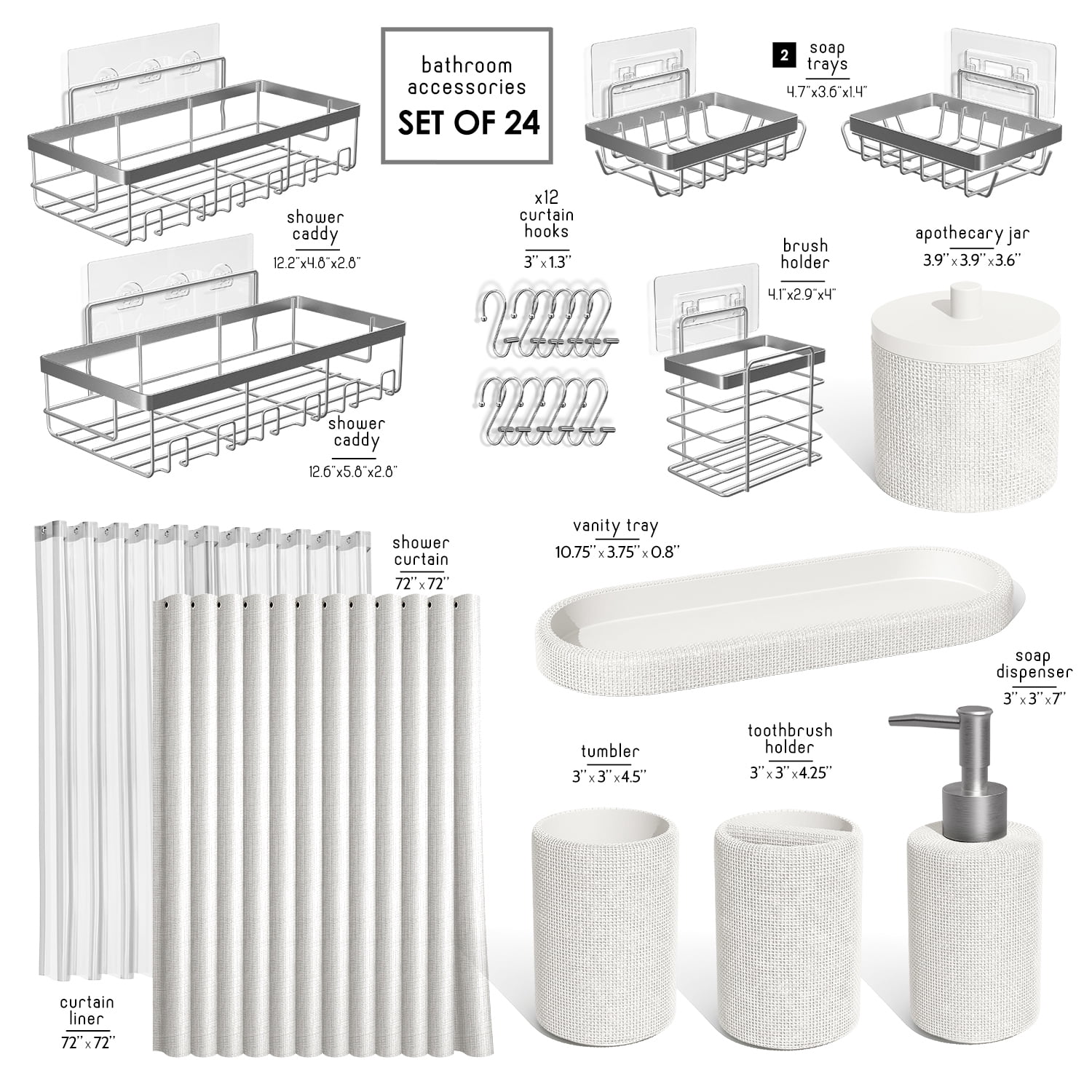 Lammaloe White Bathroom Accessories Sets and Shower Caddy for Bathroom Sets with Shower Curtain Sets for Bathroom Decor with Toothbrush Holder