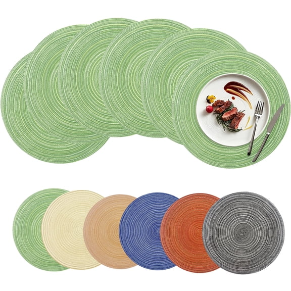 Xmushyra Round Placemats Set of 6, 15 Inch Braided Woven Table Mats, Washable Heat Resistant Non-Slip Place Mats, Green