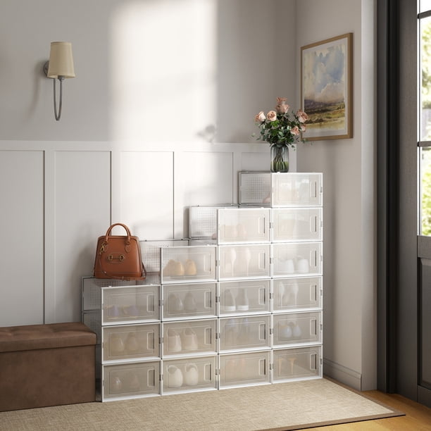 Cajas de Plástico para Zapatos, Juego de 18 Organizadores de Almacenamiento, Caja de Zapatos de Plástico Plegable y Apilable para Zapatos hasta el Tamaño 44, Transparente y Blanca,,Blanco