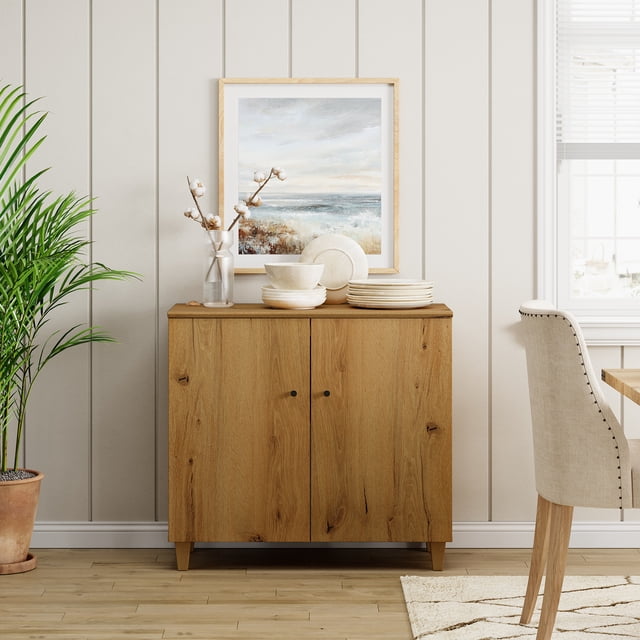 WAMPAT Modern 3-Compartment Sideboard Buffet Cabinet with Shelves & Doors, Wooden Coffee Bar Storage for Dining Room, Living Room, Hallway,Oak Brown - 35.4 Inches