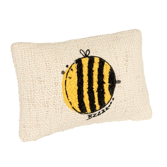 Creative Co-Op Woven Cotton Lumbar Pillow with Embroidered Bee Design, White and Yellow