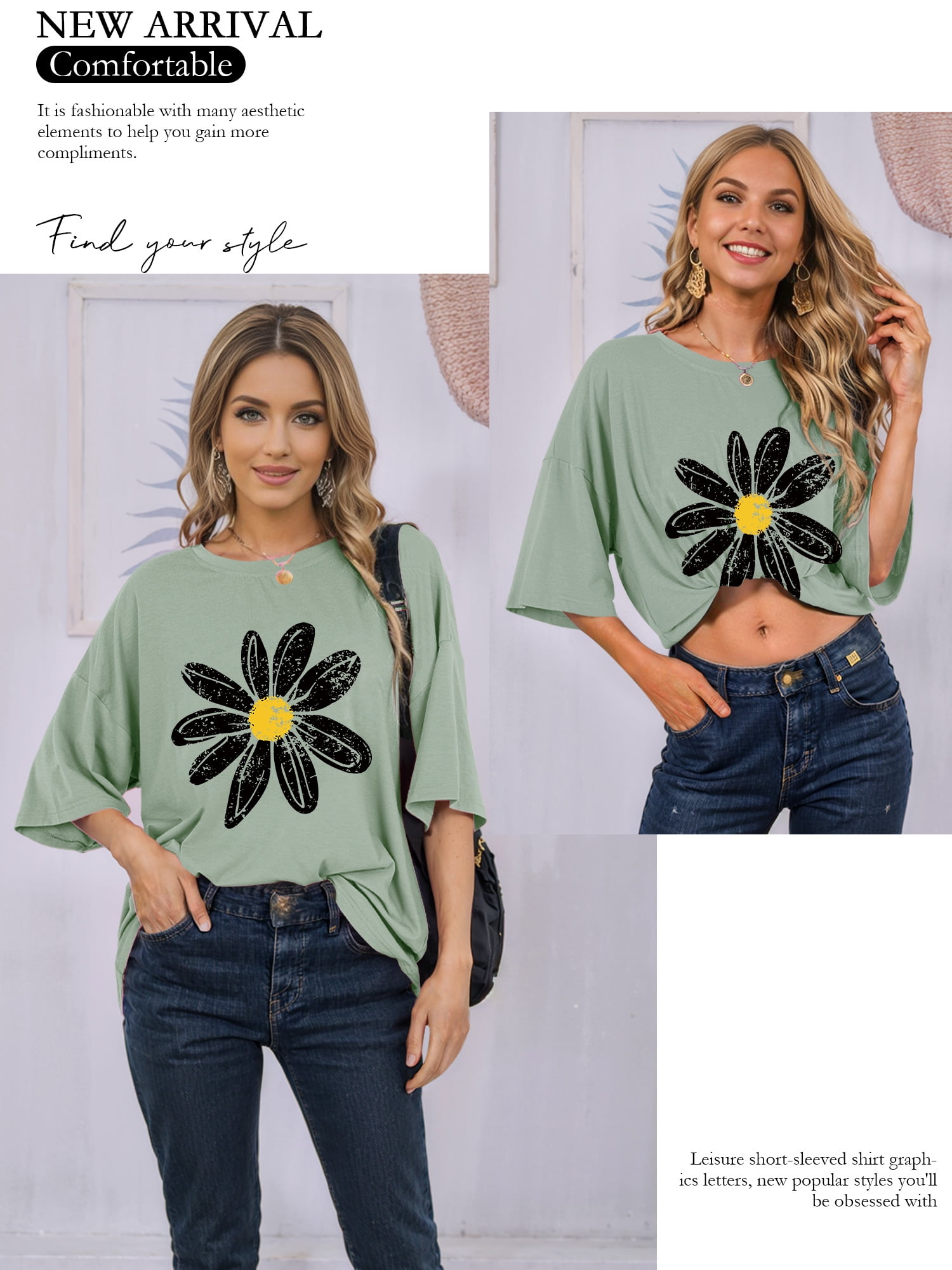 【セール】 ZXSXSY Daisy Shirts for Women Oversized T Shirts Flower ピアス